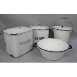 A Collection of Four White Enamelled Metal Items, Tow Bread Bins, Bucket and Large Two Handled Bowl,