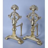 A Pair of Large Cast Brass Firedogs, Each 38cms High