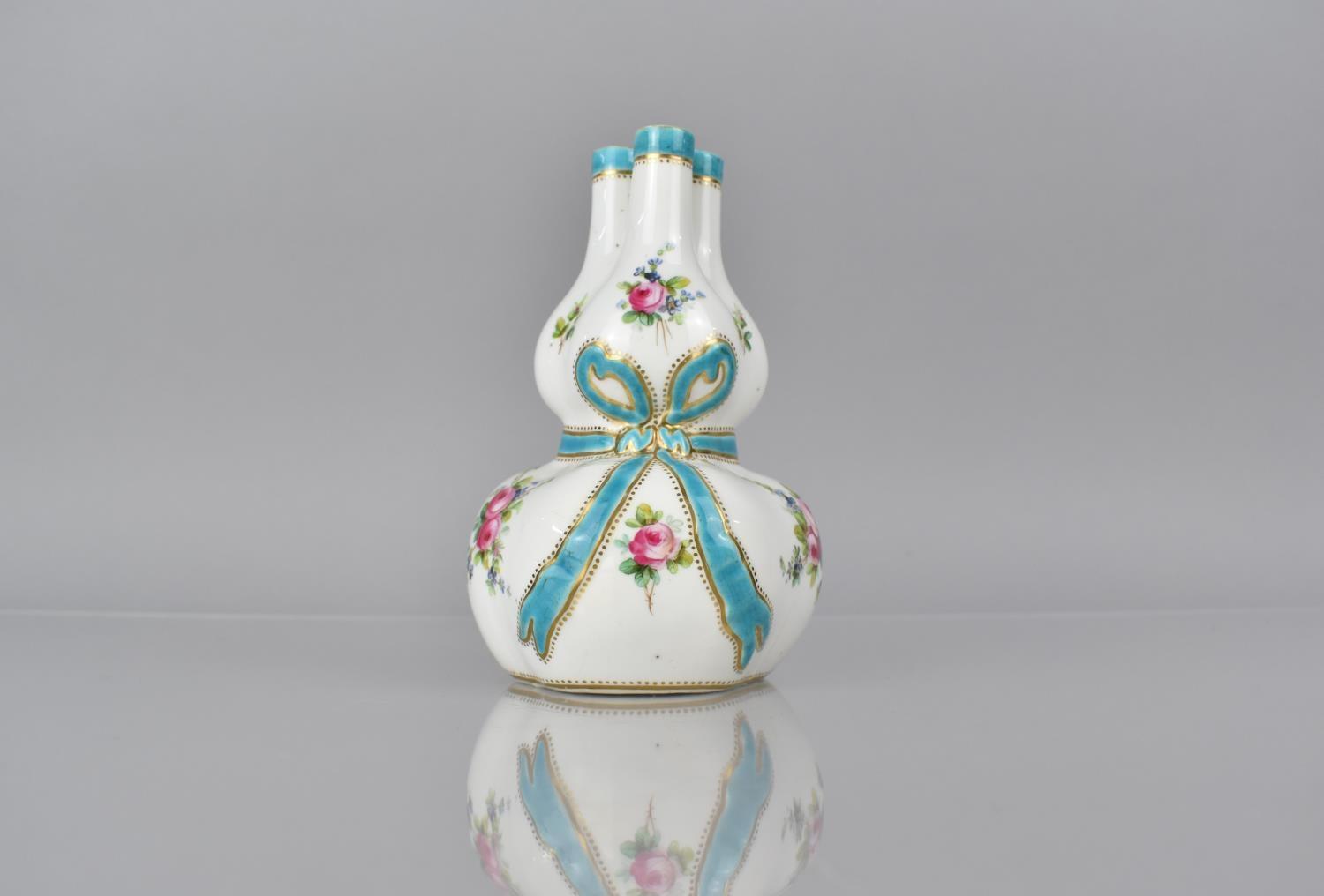 A 19th Century Porcelain Tulip Vase of Double Gourd Form with Tri Neck decorated with Rose Garland