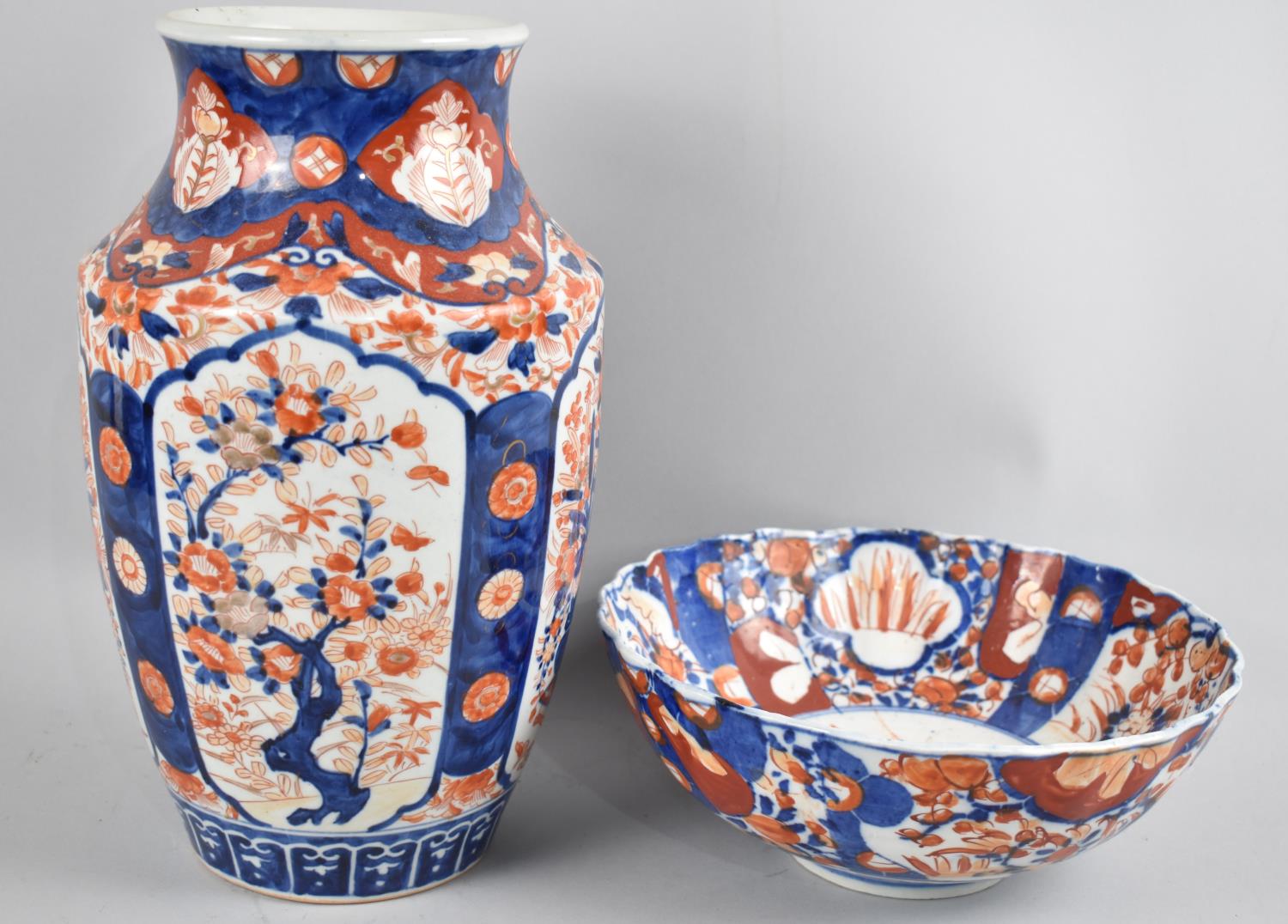 An Imari Vase and Similar Wavy Rimmed Bowl, Vase 31cms