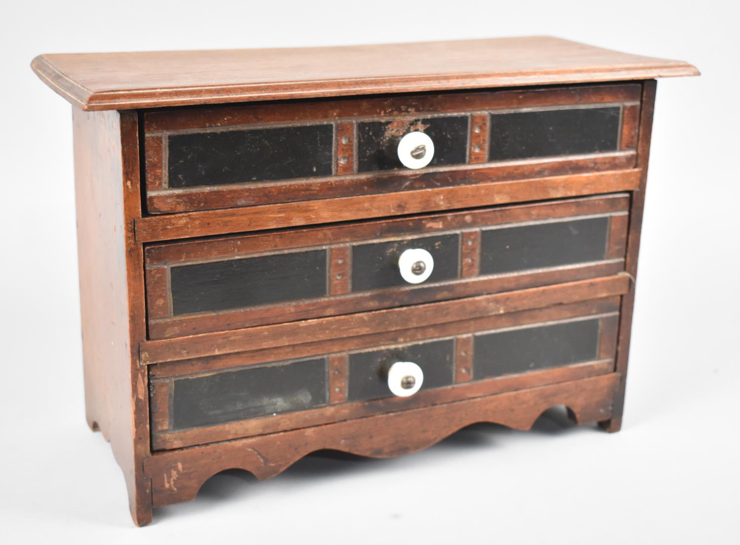 A Late 19th/ Early 20th Century Three Drawer Table Top Collectors Chest with Ceramic Handles,