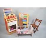 A Collection of Wooden Childrens Toys to include Dolls Crib, Cooker, Ironing Board Etc