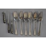 Six Silver Cake Forks together with a Small Collection of Continental Silver Handled Manicure Tools