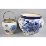 A Haddon Pattern Blue White and Gilt Planter, together with a Similar Osaka Pattern Biscuit Barrel