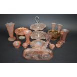 A Collection of Various Pink and Orange amber Glassware to include Dressing Table Set Etc