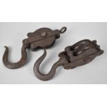 Two Vintage Cast Iron Pulley Block Hooks, Larger 19cms High