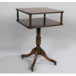 A Modern Square Crossbanded Top Two Tier Occasional Table on Turned Supports with Four Scrolled
