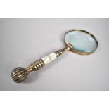 A Modern Large Brass and Mother of Pearl Handled Desktop Magnifying Glass, 26cm long