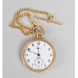 A Gold Plated Excalibur 17 Jewel Open Faced Pocket watch on T Bar Chain