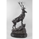 A Large Heavy Patinated Bronze Study of Stag on Rock Facing Right After J Moignier, Oval Stepped