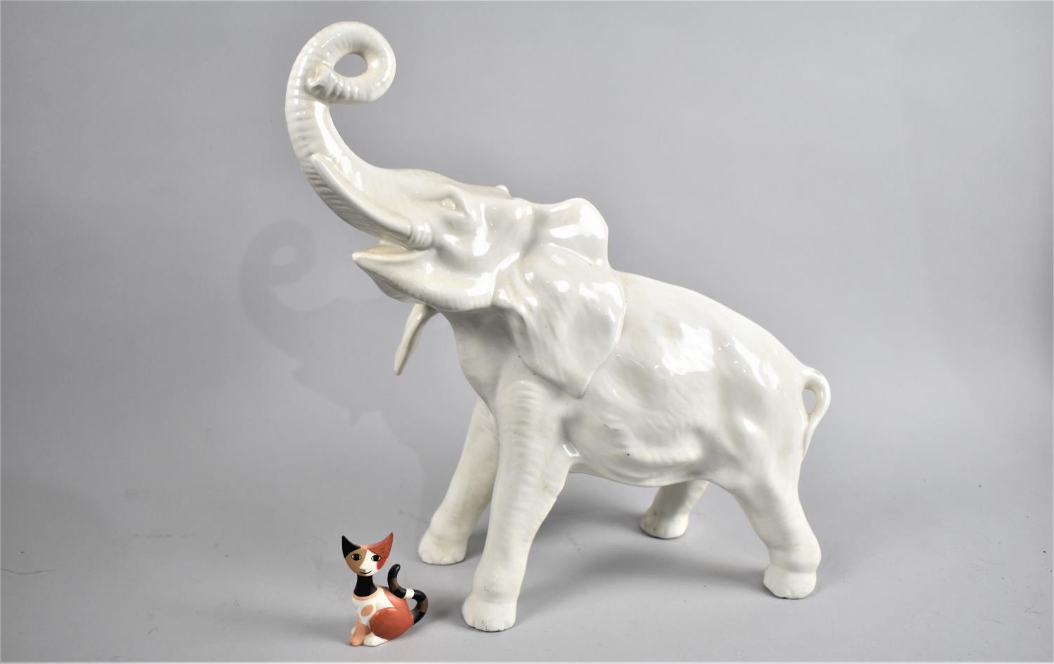 A Large White Glazed Ceramic Study of an Elephant Together with a Goebel Rosina Wachtmeister Cat - Image 2 of 2
