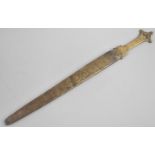 A Brass Handled Ethiopian Short Sword with Brass Scabbard Having Engraved Decoration to One Side,