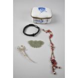 A French Porcelain Blue and White Box Containing Jade Button, Scorpion Brooch, Drop Necklace etc