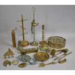 A Collection of Brassware to Comprise Bedchamber Stick, Bell, Fire Irons etc