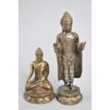 Two Thai Buddhas, both in Bronze but the Standing Version with Silver Plate, 15cm high