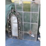 A Coloured Glass Lead Glazed Panel, 85x43cm and a Modern Wrought Iron Mirror Frame, Glass Cracked