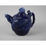 An Unusual Blue Glazed Teapot with Dragon Stylised Handle and Bird Spout