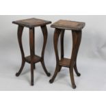 A Pair of Carved Wooden Square Topped Occasional Tables, with Scrolled Feet and Stretcher Shelves,