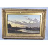A Gilt Framed 19th Century Oil on Canvas Depicting River Bridge at Sunset, 62x37cm