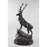 A Large Heavy Patinated Bronze Study of Stag on Rock Facing Left After J Moignier, Oval Stepped