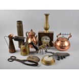 A Collection of Sundries to Comprise Copper Kettle, Teapot, Shell Base, Beetle Boot Scraper, J & M