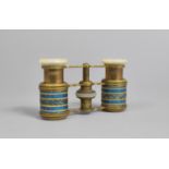 A Pair of Small Ladies Opera Glasses in Brass with Blue Enamel Decoration with Mother of Pearl Eye