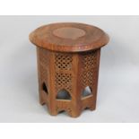A Far Eastern Brass Inlaid Circular Carved and Pierced Stool or Table on Folding Octagonal