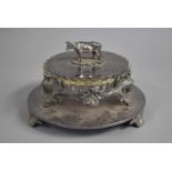 An Edwardian Silver Plate and Glass Lidded Butter Dish with Cow Finial and Three Scrolled Feet, 19cm