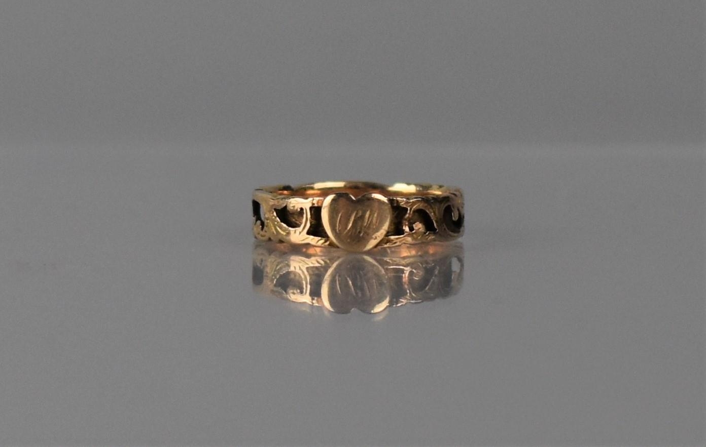 A Victorian Mourning Ring, Central Raised Heart Motif in Rose Gold Coloured Metal Monogrammed CBW,