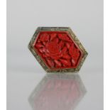 A White Metal Filigree Mounted Cinnabar Lacquer Oriental Brooch, Central Asymmetric Lozenge Panel
