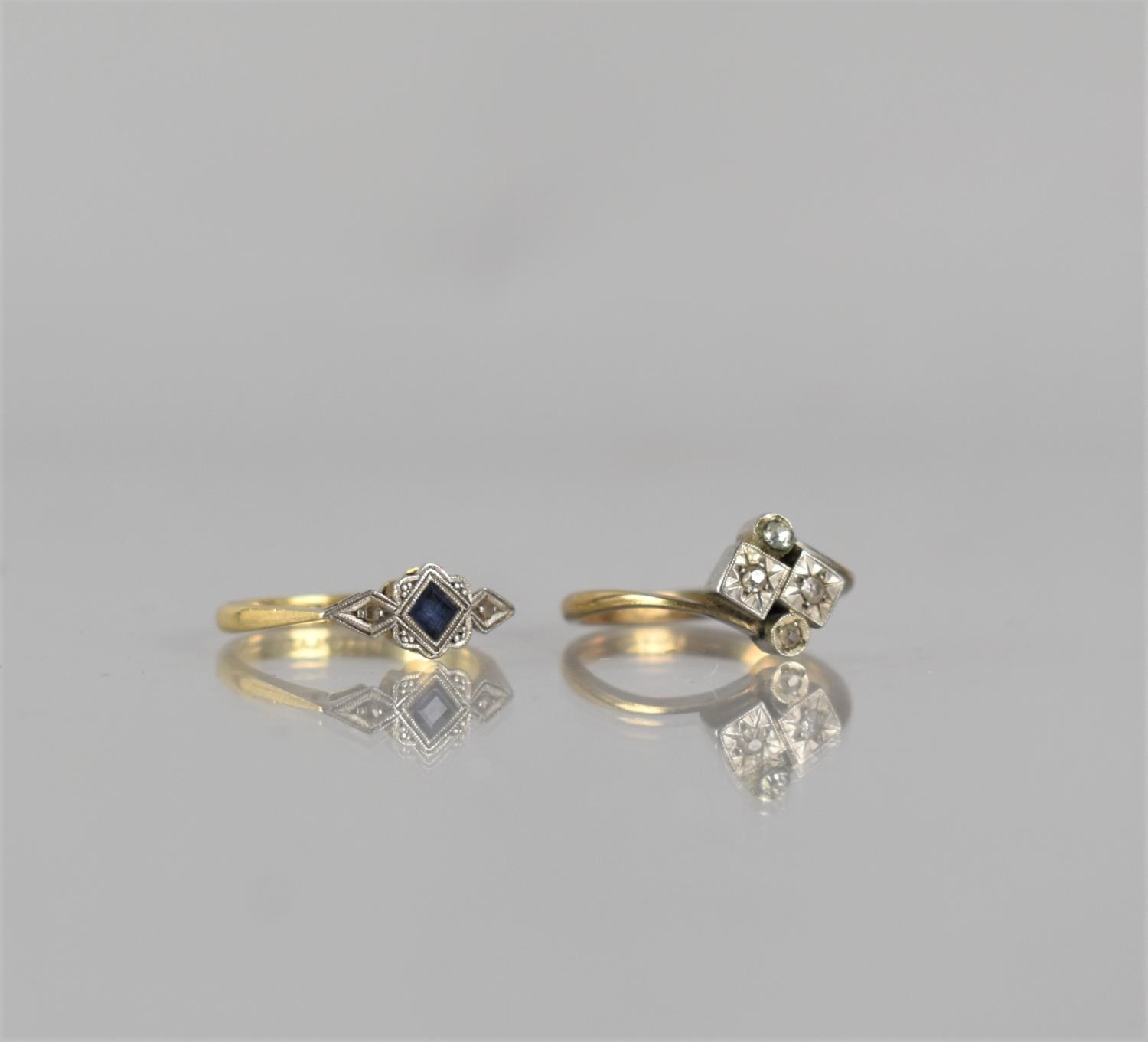 Two 18ct Gold, Platinum and Diamond Art Deco Rings, One with Centre Square Cut Sapphire, 3mm