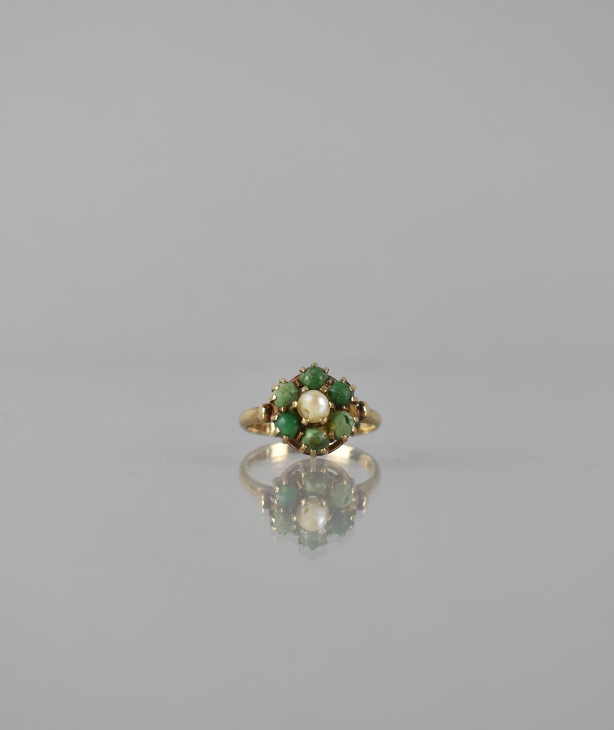 A 9ct Gold, Turquoise and Pearl Daisy Cluster Ring, Central Ivory Coloured Pearl Raised in Six