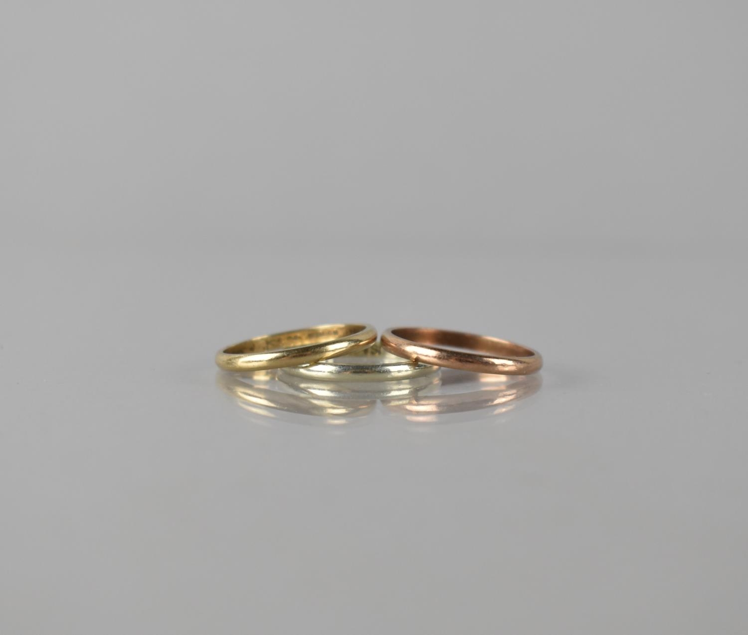Three 9ct Gold Stacking Bands, White, Rose and Yellow Gold, Polished D Shaped Bands, Birmingham 1979