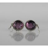 A Pair of Eastern Carved Amethyst and Silver Earrings, Large Central Circular Cabochon 22mm Diameter