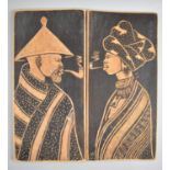 Two Rectangular Pokerwork Portraits, Gents Smoking Pipes, 30x14cm