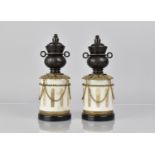 A Pair of French Bronze and Marble Garnitures of Cylindrical Form with Two Handled Vase having