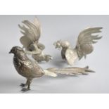 A Silver Plated Study of a Golden Pheasant and a Pair of White Metal Fighting Cocks