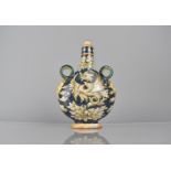 A 19th Century Italian Majolica Moon Flask with Tapering Slender Cylindrical Neck Above Flattened