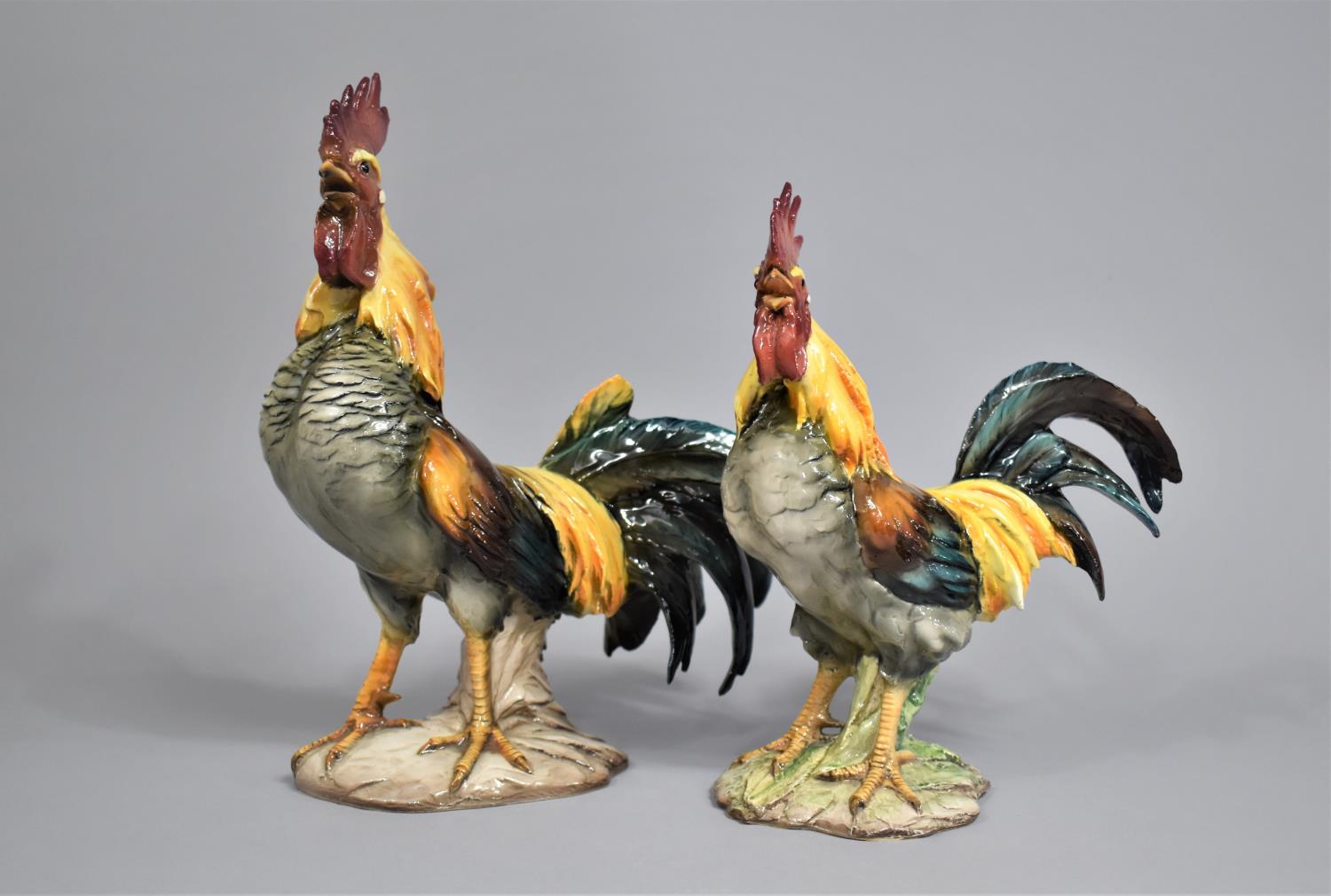 Two Glazed Ceramic Studies of Cockerels, 28cm and 23cm high