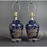 A Pair of Decorated Cobalt Blue Glass Vase Shaped Table Lamps, No Shades, 50cms High