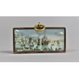 A Brass Framed Miniature Oil Depicting 16th Century Harbour Scene, 6cms Wide