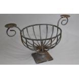 A Modern Wrought Iron Bowl Stand with Pair of Scrolled Candle Prickets, 50cms Wide