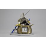 A Miniature Novelty Desk Top Clock in the Form of Fishing Creel, with Angling Accessories, 8cms Long