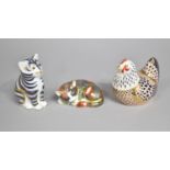 Three Royal Crown Derby Paperweights, Two Cheryl Hallam Silver Button Kittens and a Silver Button