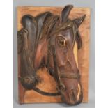A Large Carved Wooden Relief Study of Heavy Horse in Harness, 50cms by 36cms