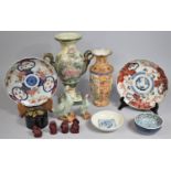 A Collection of Various Oriental Items, Vases, Japanese Dishes, Cinnabar Style Buddhas Etc