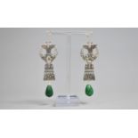 A Pair of Sterling Earrings with Drop Green Beads in the Egyptian Revival Style, Stamped Sterling