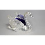 A Reproduction Silver Plate and Cobalt Blue Glass Table Centre Bowl in the Form of a Swan, 20cm long