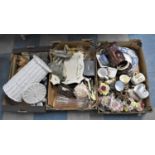 Three Boxes of Various Items, Including Posey Ornaments, Mug, Wicker Cylindrical Store Etc