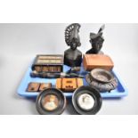 A Collection of Curios to Include Carved Indonesian Busts, Porcupine Quill Box, Two Hand Painted